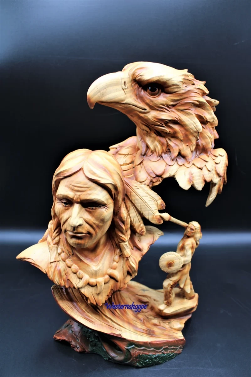 Native-Indian-Faux-Wood-Carving-Figure-Statue-Western-Art-Eagle-New